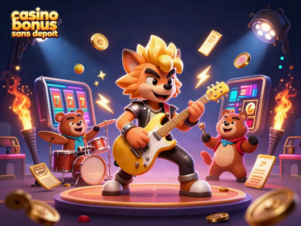 Illustration captivante de casino avec un loup rock star et un ours batteur, mettant en avant le casino bonus sans dépôt.