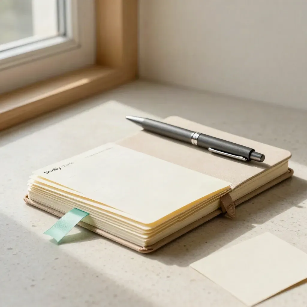 Kit SEO hebdomadaire avec cartes crème, carnet fermé et stylo métal sur travertin lumineux.
