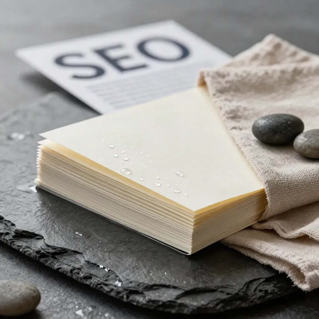 Pack d’articles SEO calé dans une dalle humide, tissu de lin et galets, lumière froide.