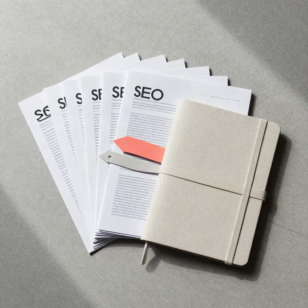 Liasse premium de 12 articles SEO, marque-pages et carnet fin sur dalle de béton claire.