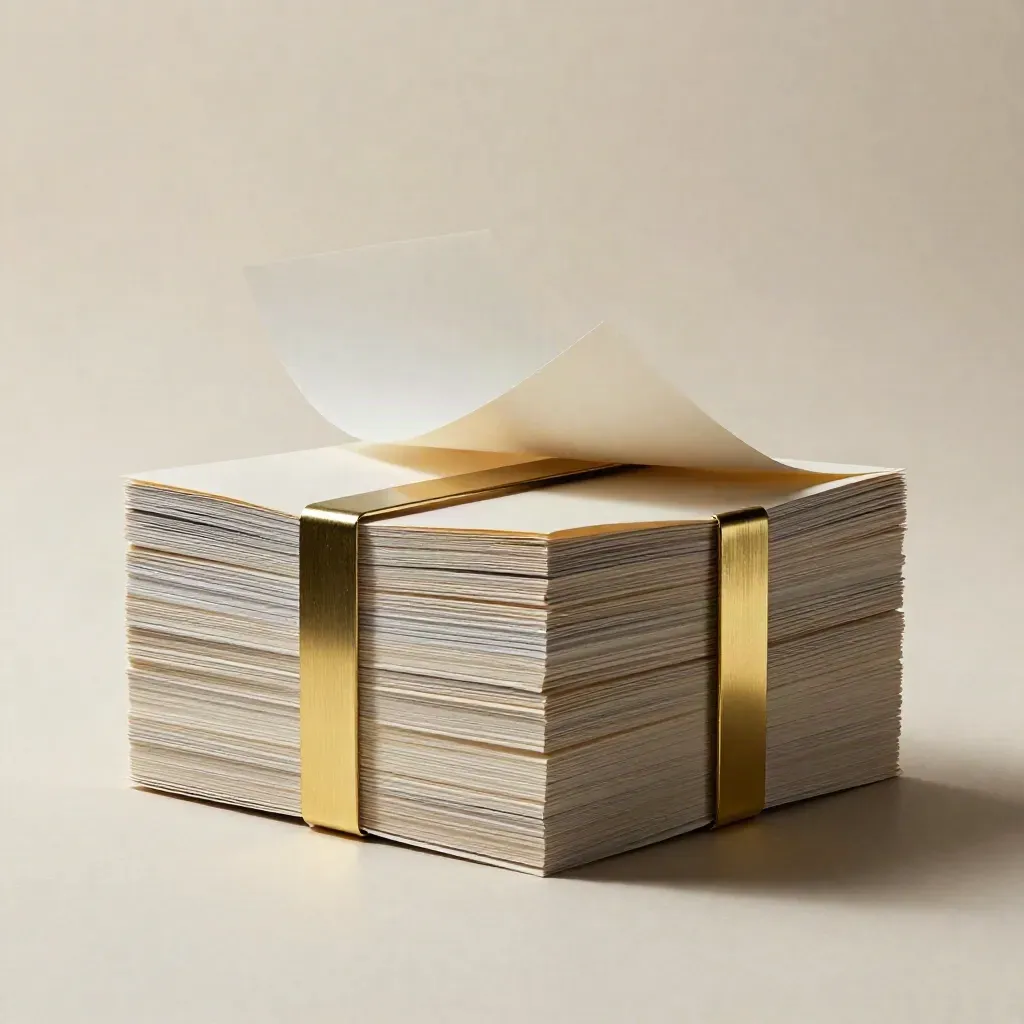 Pack SEO crème soulevé par l’air, clip laiton, carte vierge, lumière dramatique.