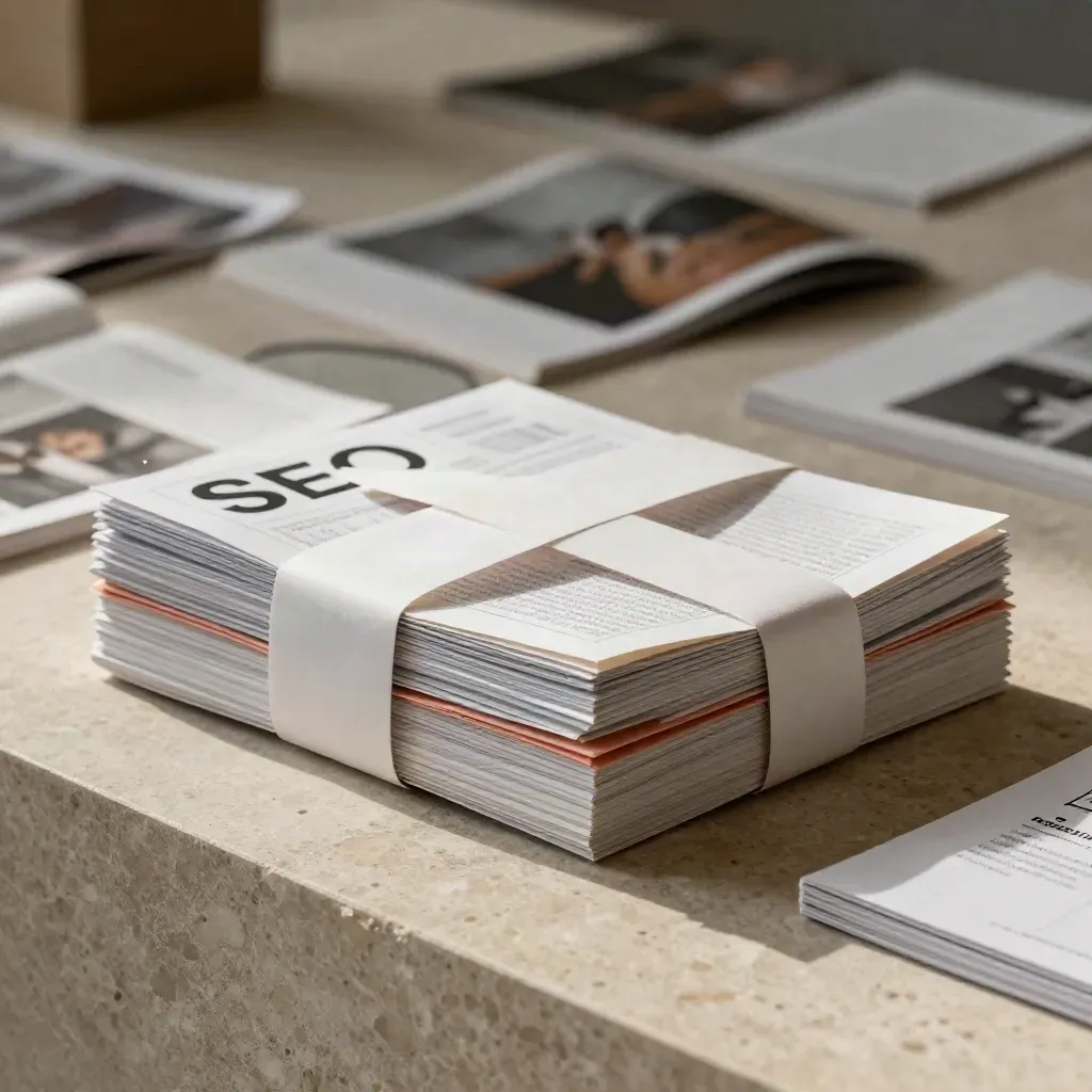 Pack d’articles SEO sur socle en plâtre, avec fiches, courrier plié et carnet fin.