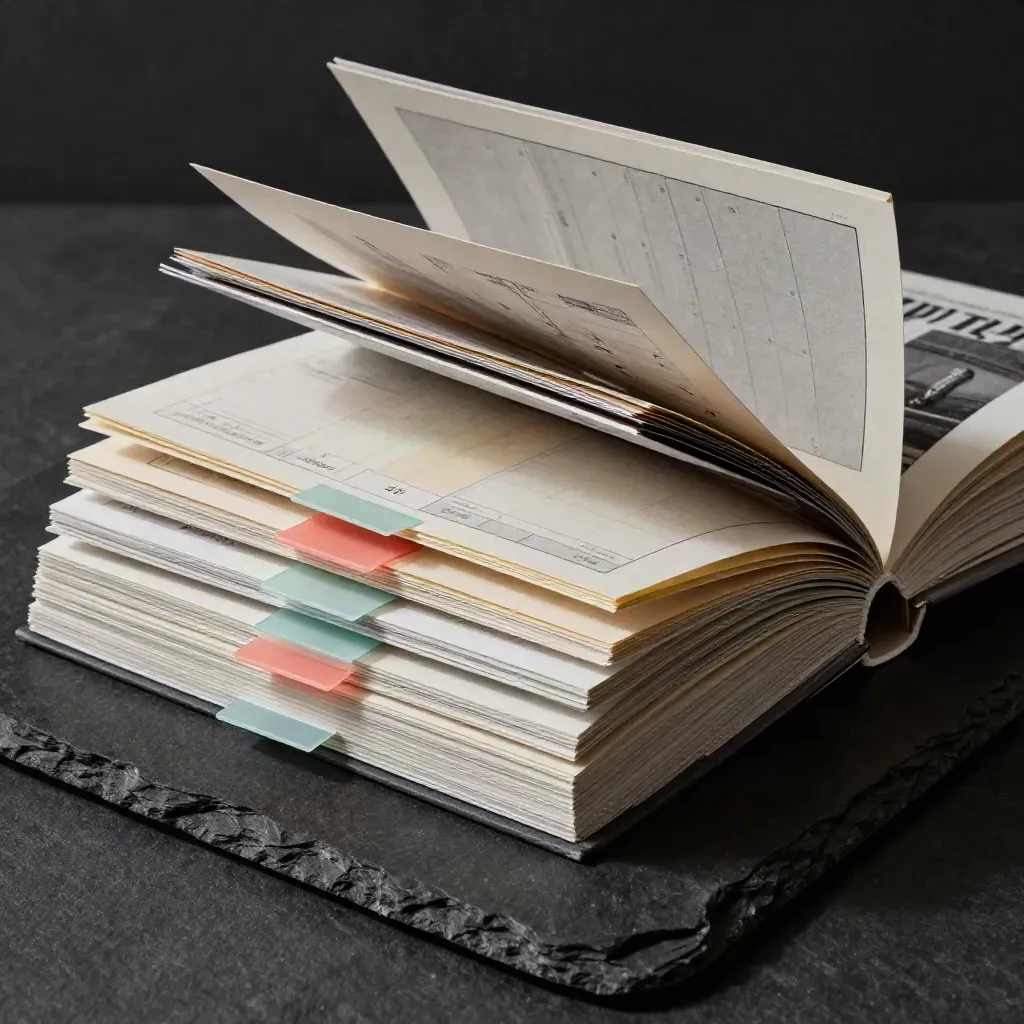 Dossier d’audit express ouvert, onglets corail et menthe, ambiance studio sombre et premium.