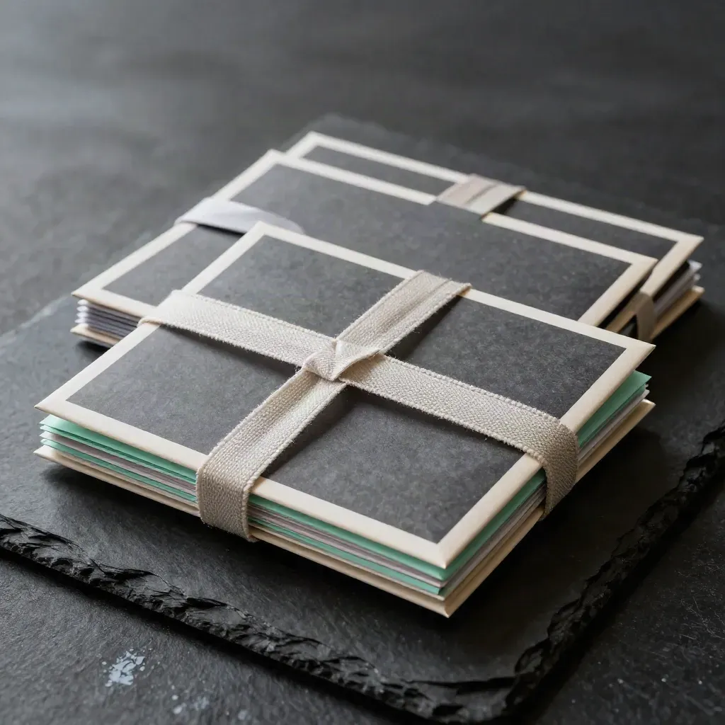 Trois envois de newsletter en papier, ruban neutre et accents menthe, sur socle noir en studio.