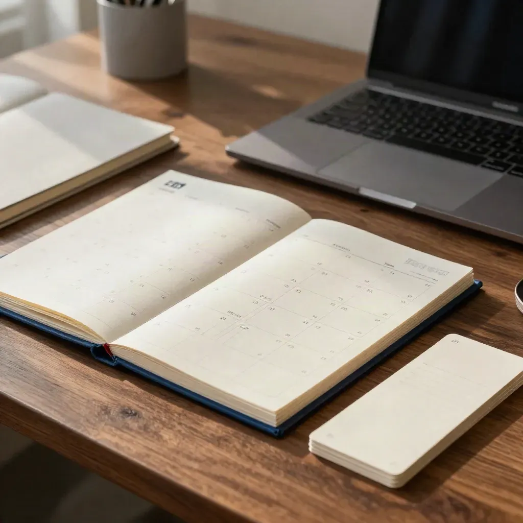 Calendrier LinkedIn en accordéon sur bureau en bois, avec ordinateur fermé et cartes alignées.