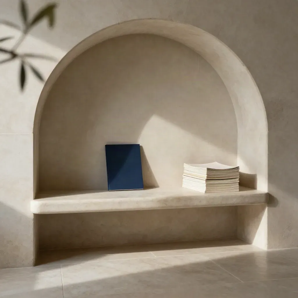 Alcôve en pierre claire avec banc en bois pâle, lumière douce et accent bleu nuit.