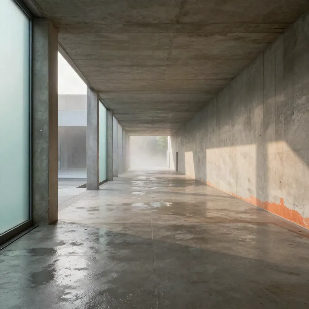 Couloir en béton humide ouvert sur une lumière douce avec brume et touche menthe.