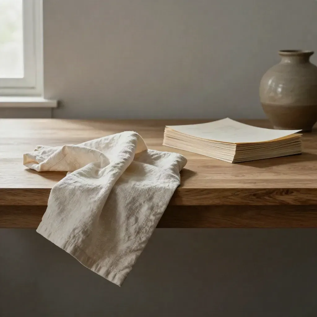 Table en chêne et mur en plâtre, linge plié et céramique dans une lumière douce.