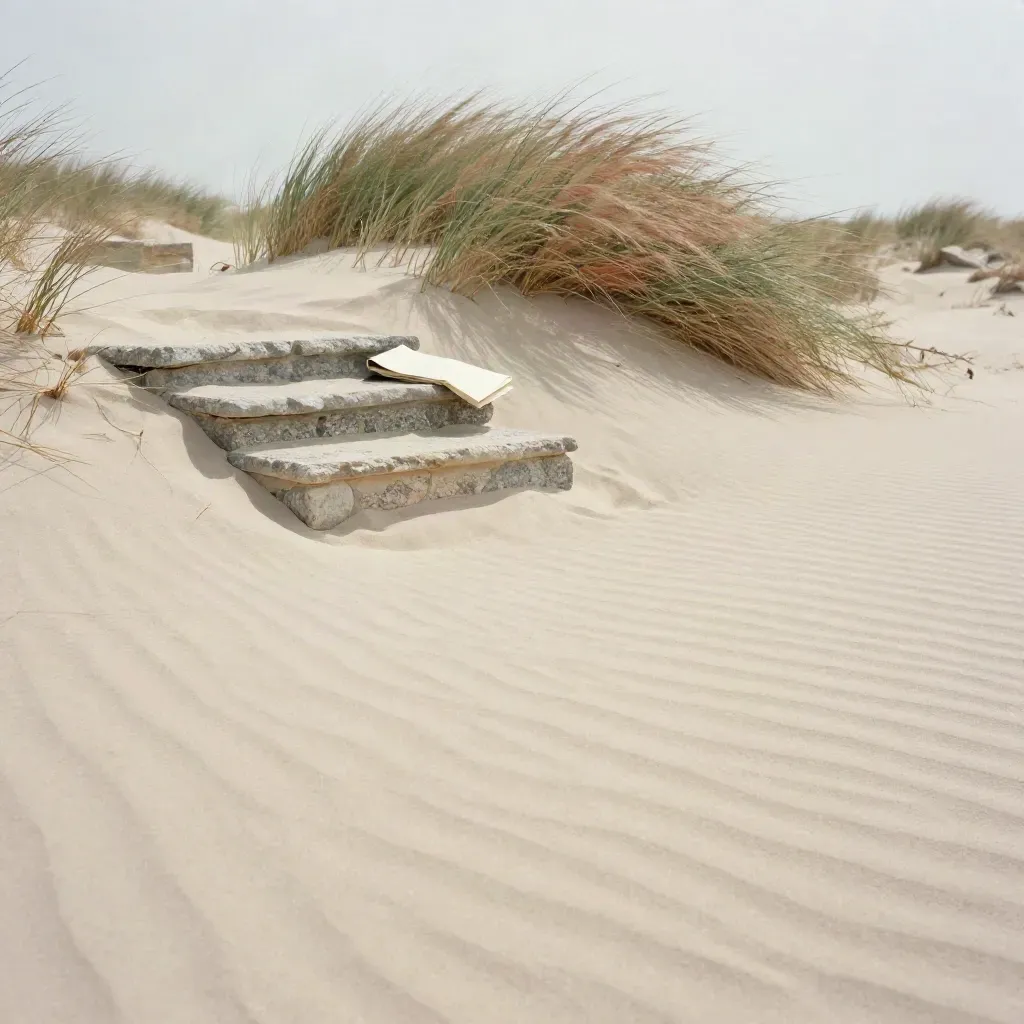 Dune de sable, marche de pierre patinée et herbes floues sous une lumière douce.
